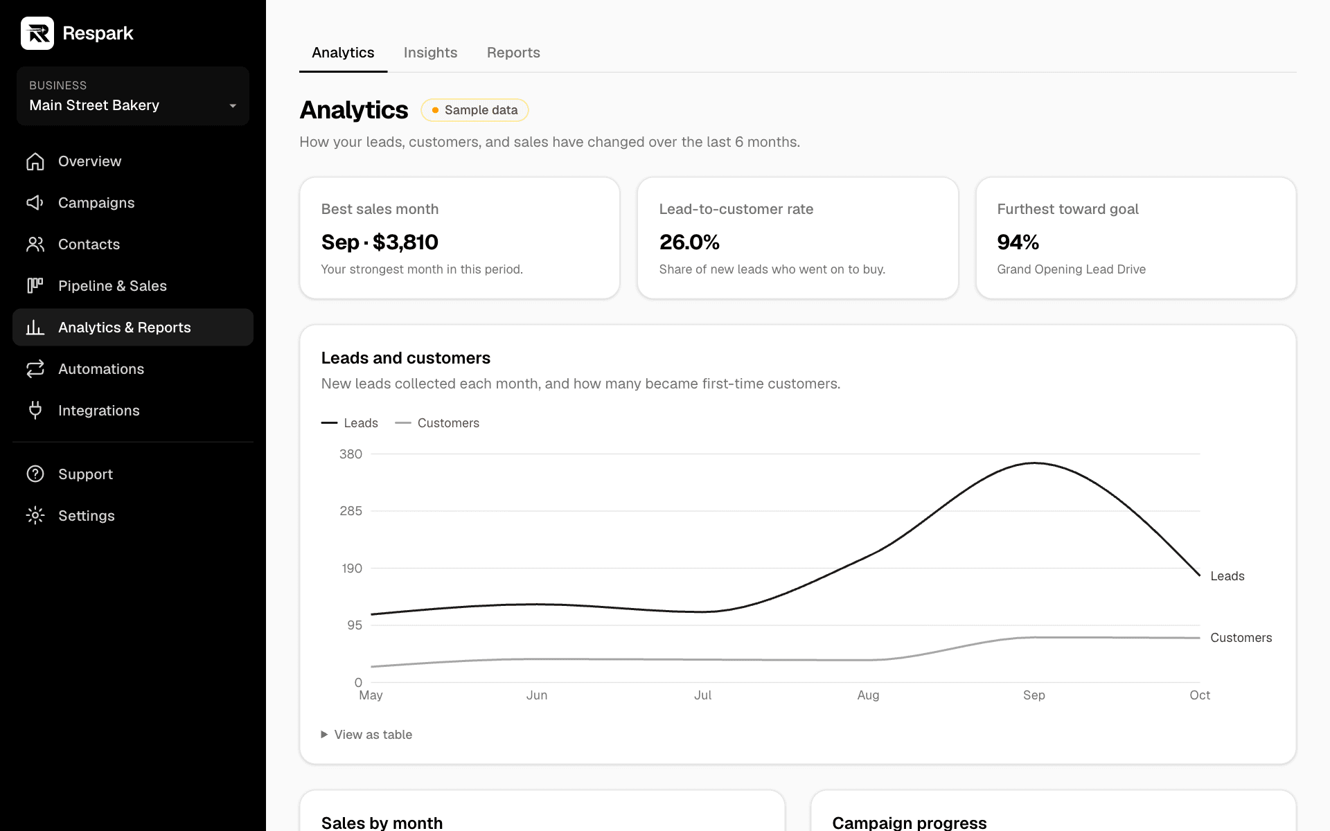 Respark Analytics charts of leads, customers, and revenue (sample data)