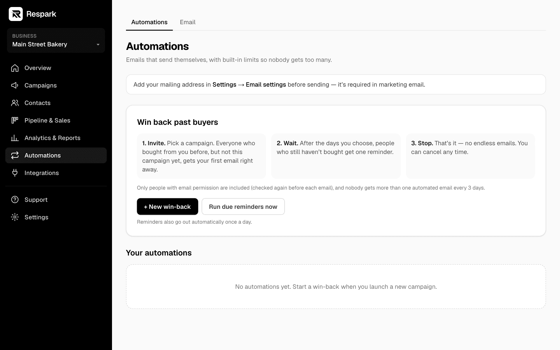 Respark Automations page for win-back emails