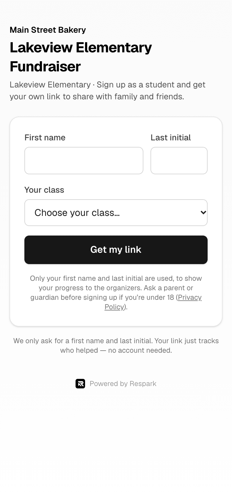 The student sign-up page on a phone: first name, last initial, and class (sample data)