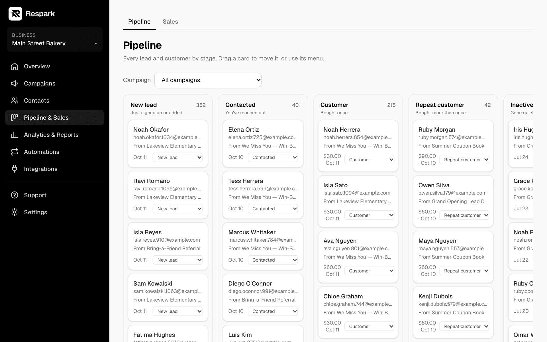 Respark Pipeline board with contacts in five stages (sample data)